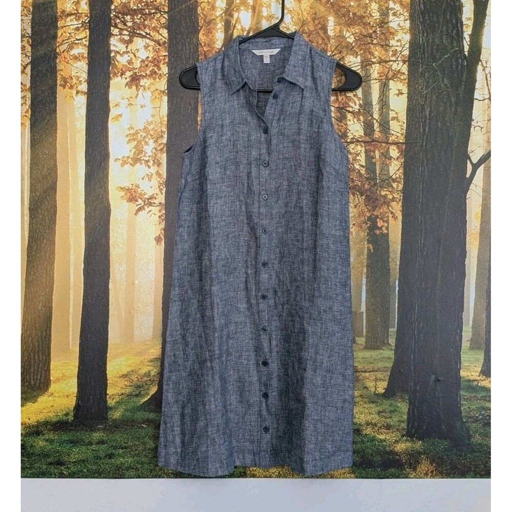 Garnet Hill 100% Linen Shirt Dress Women's Sz 0 Blue Button Up Collar Casual